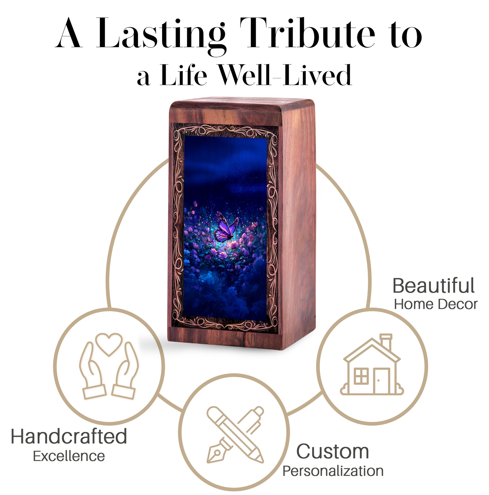 Night Glow Butterfly Wooden Urn Box - Memorial Creamtion Urn For Adult Male