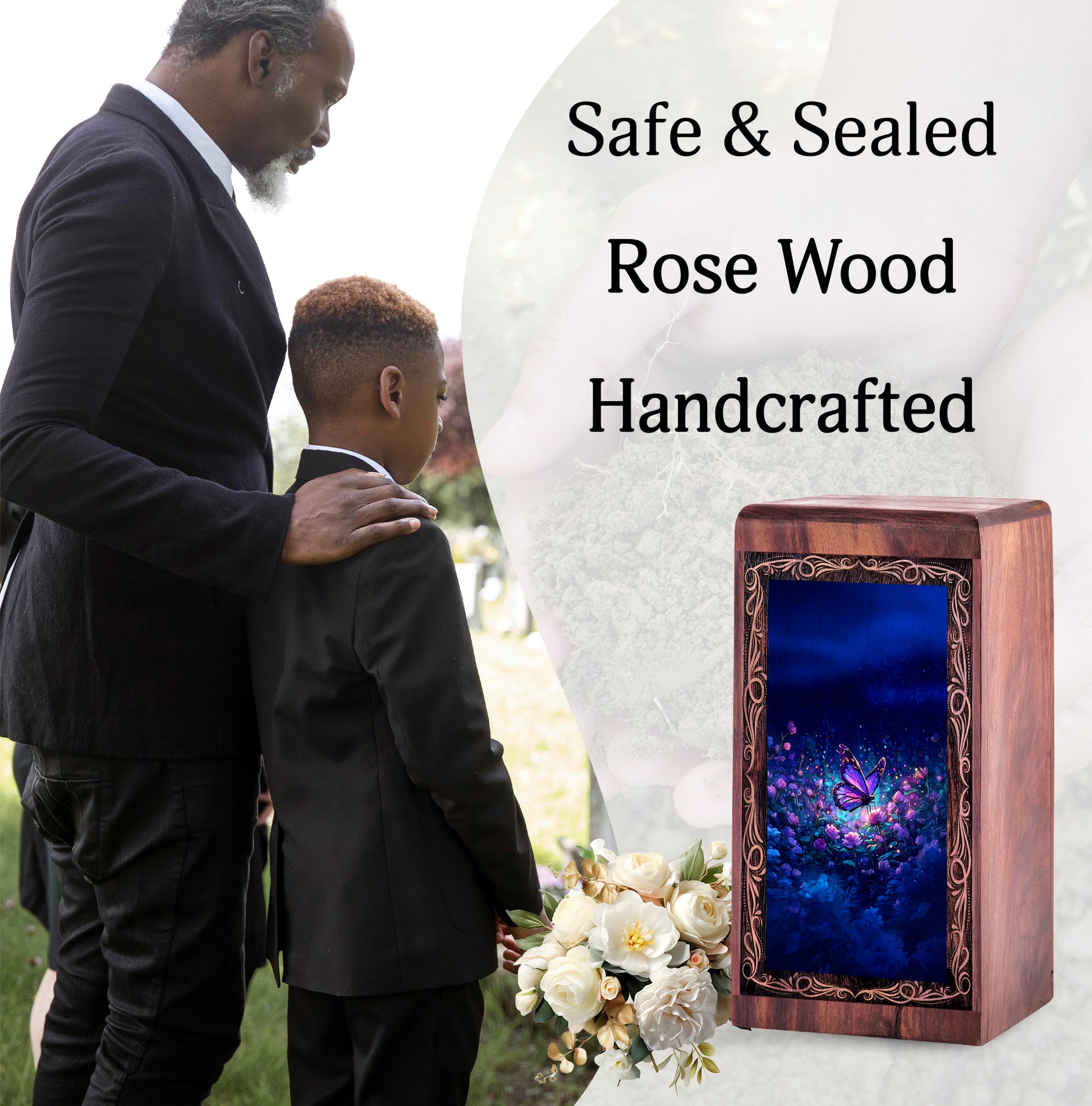 Night Glow Butterfly Wooden Urn Box - Memorial Creamtion Urn For Adult Male