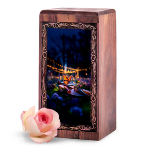 Night Music Butterfly Theme Urn - Wooden Cremation Urn For Human Ashes