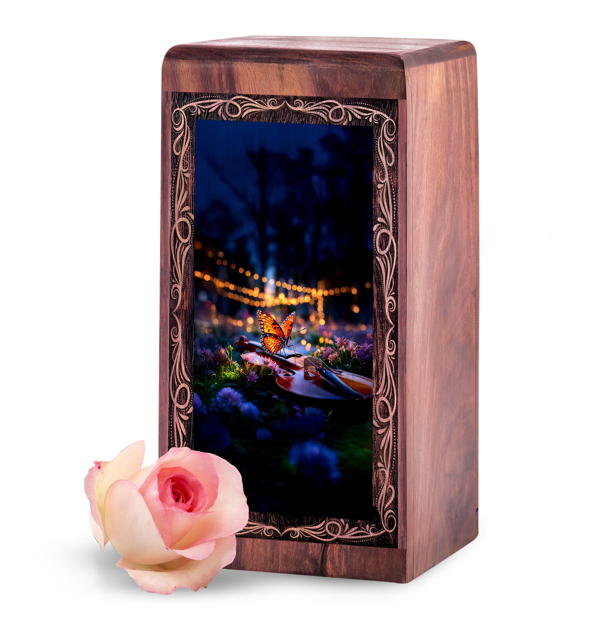 Night Music Butterfly Theme Urn - Wooden Cremation Urn For Human Ashes