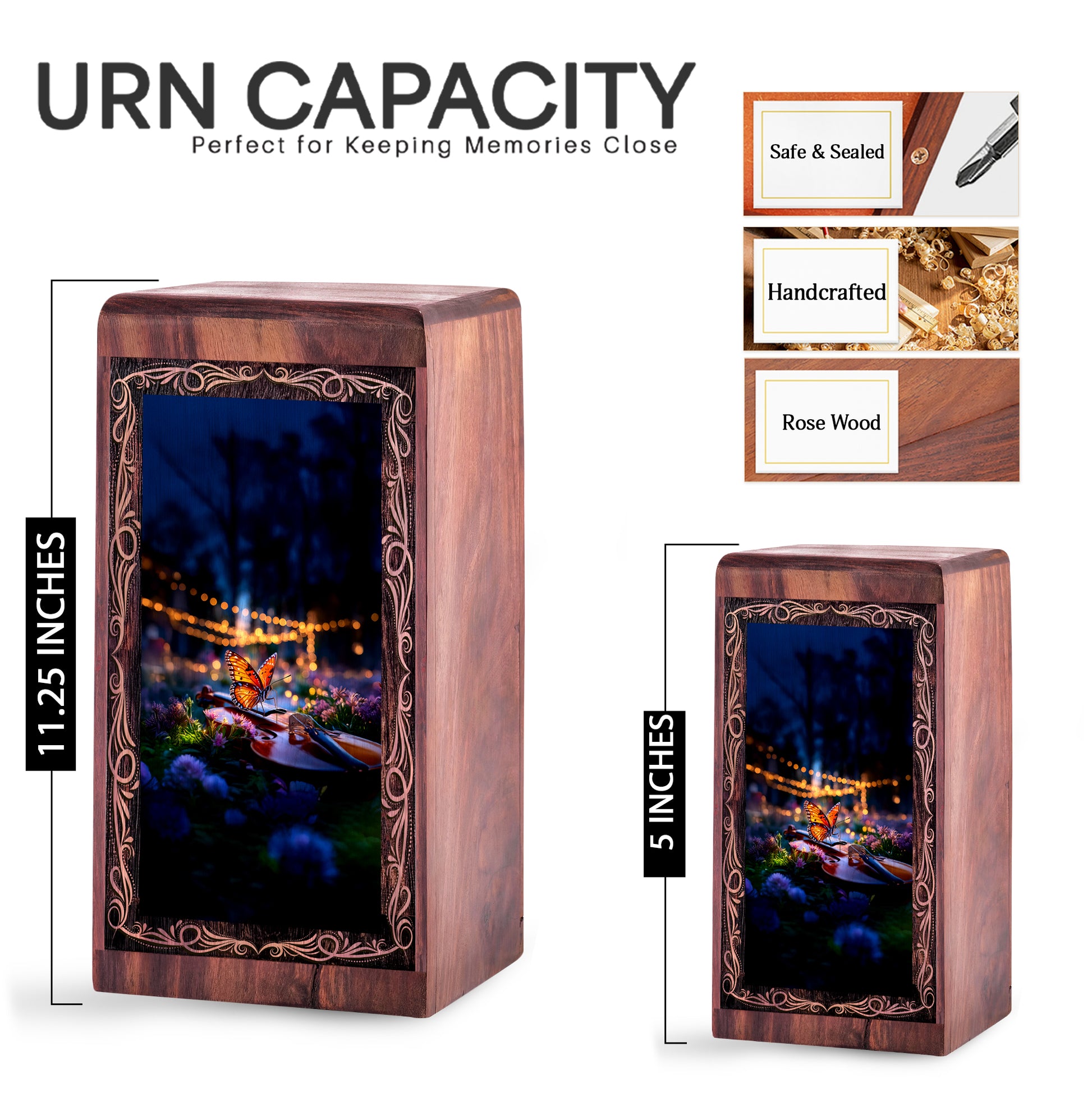 Night Music Butterfly Theme Urn - Wooden Cremation Urn For Human Ashes