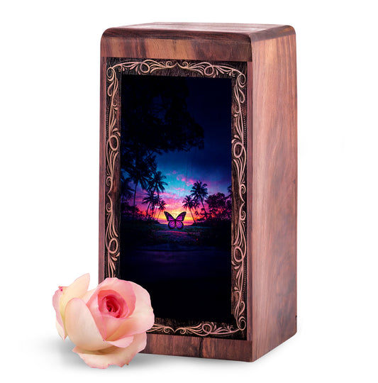 Butterfly Wooden Urn For Creamtion Urn - Beach Night Theme Urn Box For Ashes