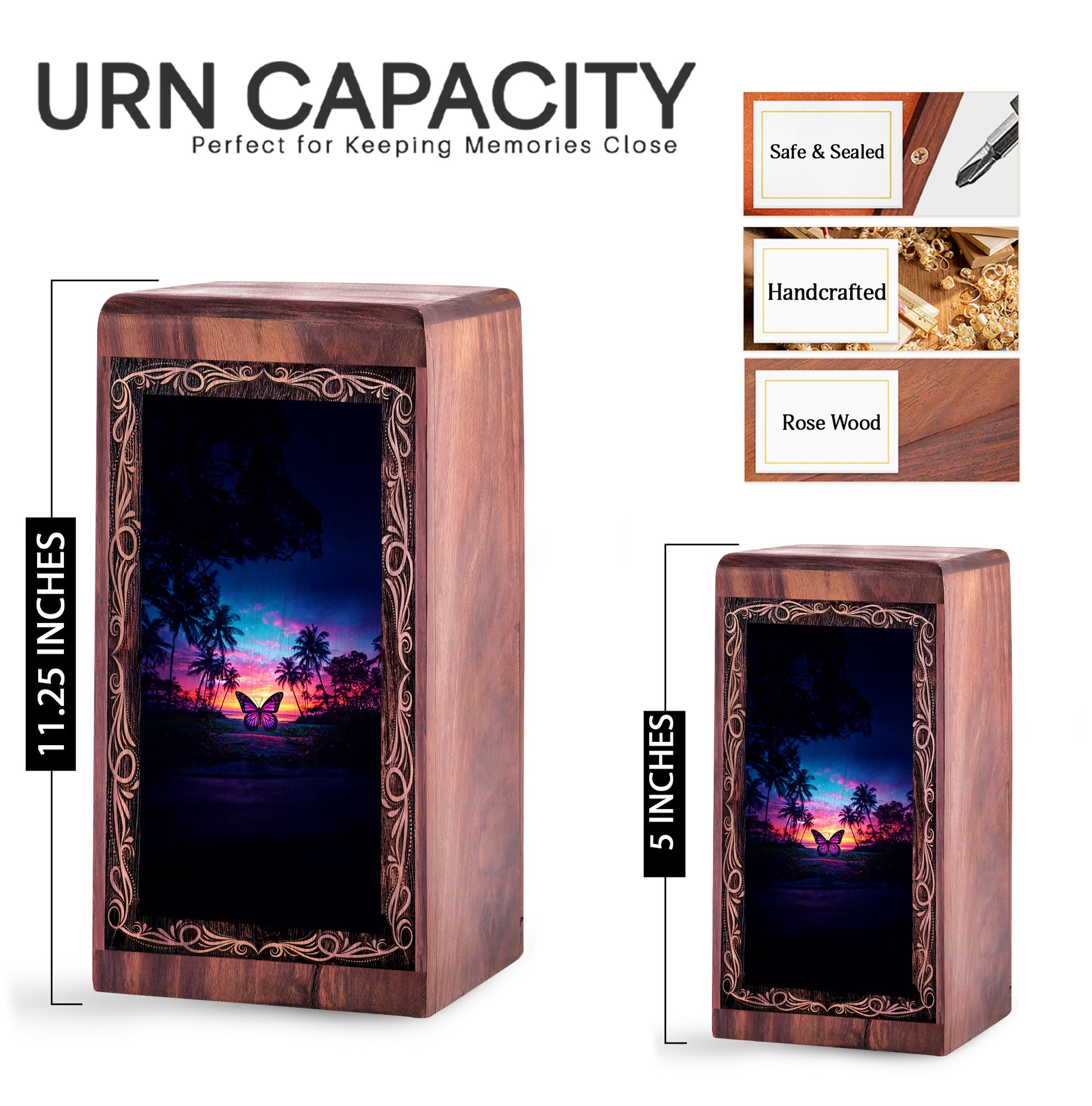 Butterfly Wooden Urn For Creamtion Urn - Beach Night Theme Urn Box For Ashes