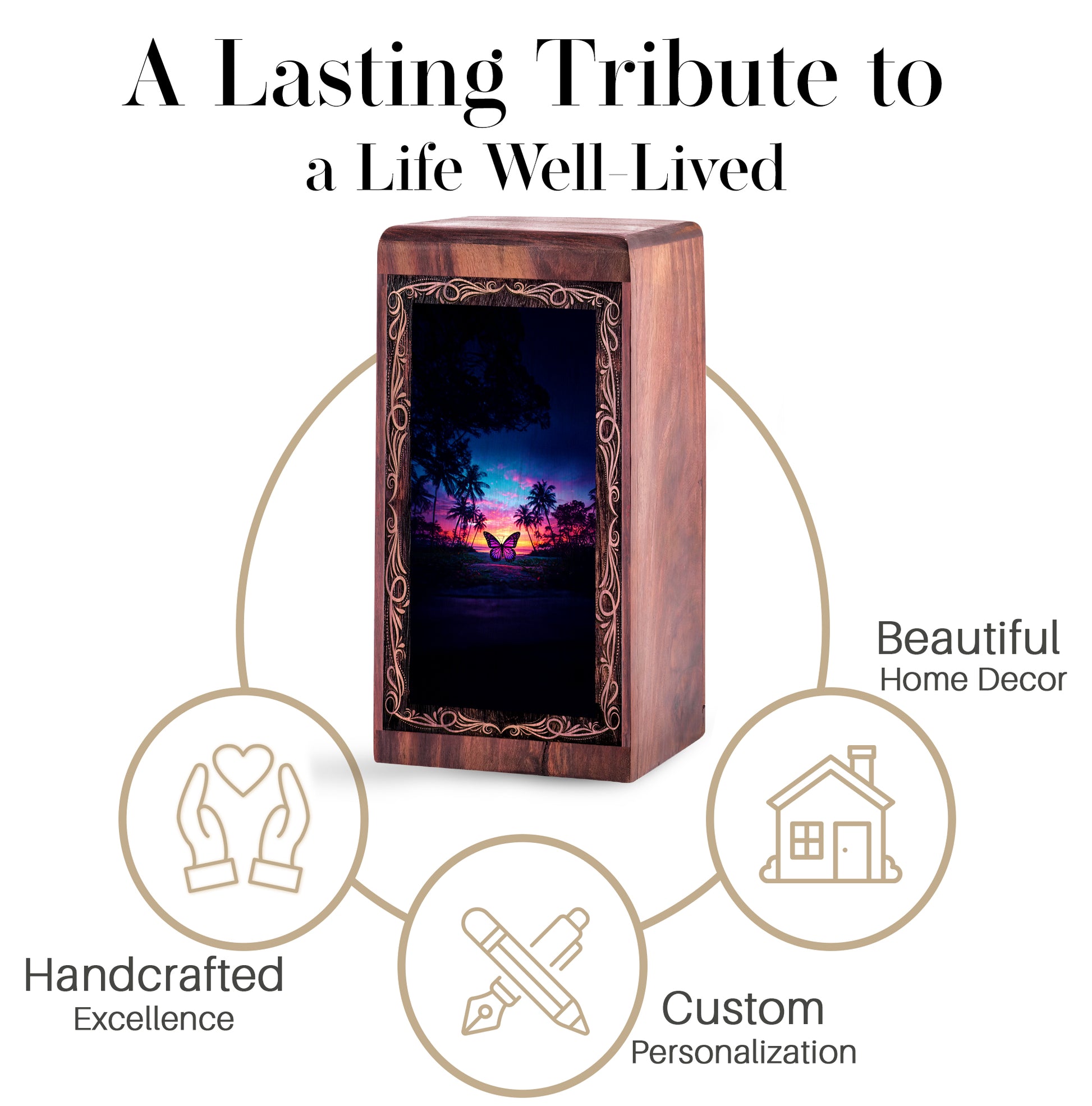 Butterfly Wooden Urn For Creamtion Urn - Beach Night Theme Urn Box For Ashes