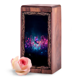 Luminous Night Butterfly Theme Wood Box - Funerary Wooden Urn For Burial