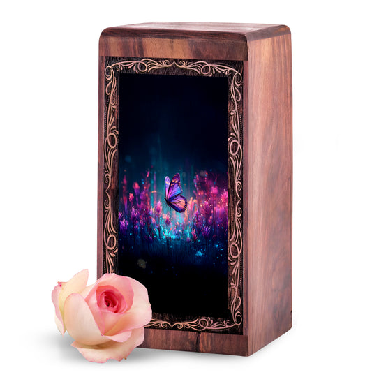 Luminous Night Butterfly Theme Wood Box - Funerary Wooden Urn For Burial