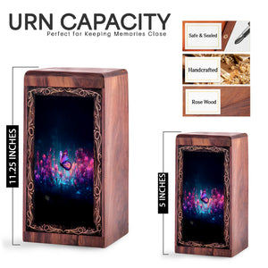 Luminous Night Butterfly Theme Wood Box - Funerary Wooden Urn For Burial