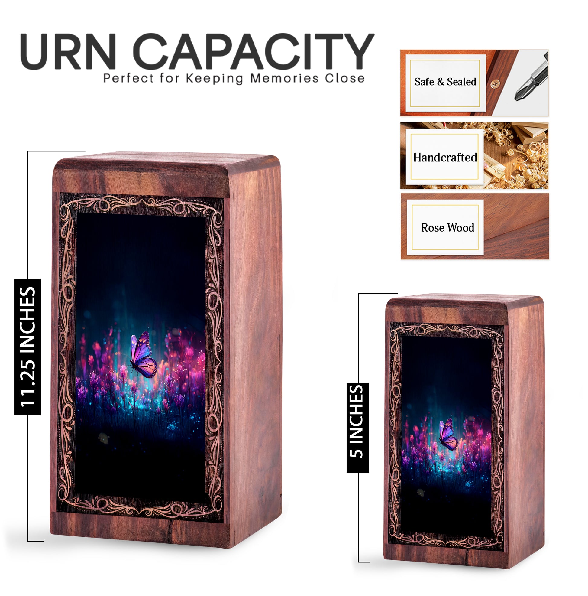 Luminous Night Butterfly Theme Wood Box - Funerary Wooden Urn For Burial