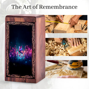 Luminous Night Butterfly Theme Wood Box - Funerary Wooden Urn For Burial