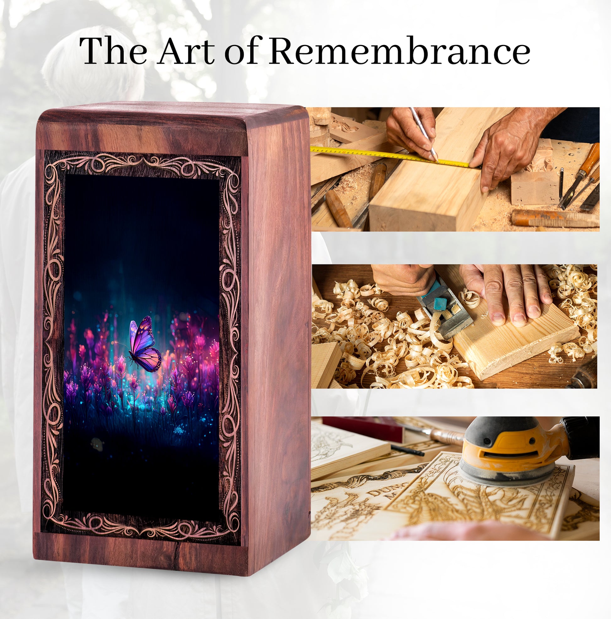 Luminous Night Butterfly Theme Wood Box - Funerary Wooden Urn For Burial