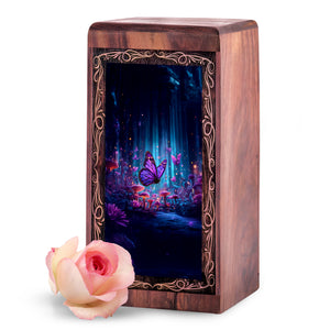 Magical Forest Butterfly Urn Box - Wooden Memorial Urn For Human Ashes