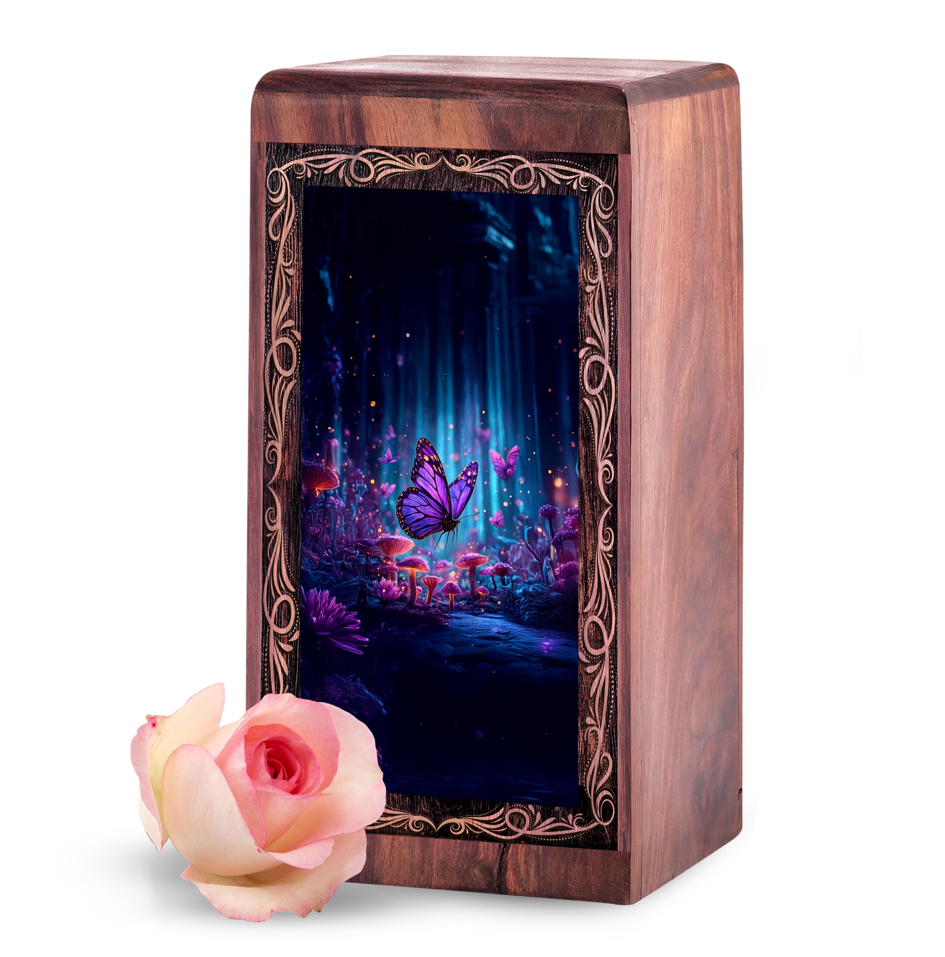 Magical Forest Butterfly Urn Box - Wooden Memorial Urn For Human Ashes