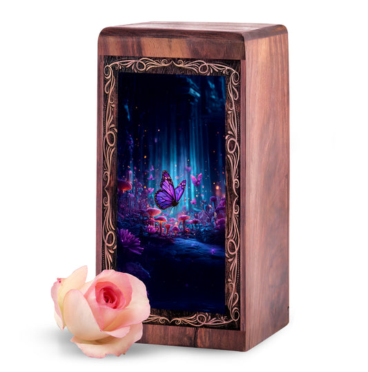 Magical Forest Butterfly Urn Box - Wooden Memorial Urn For Human Ashes