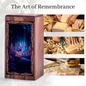 Magical Forest Butterfly Urn Box - Wooden Memorial Urn For Human Ashes