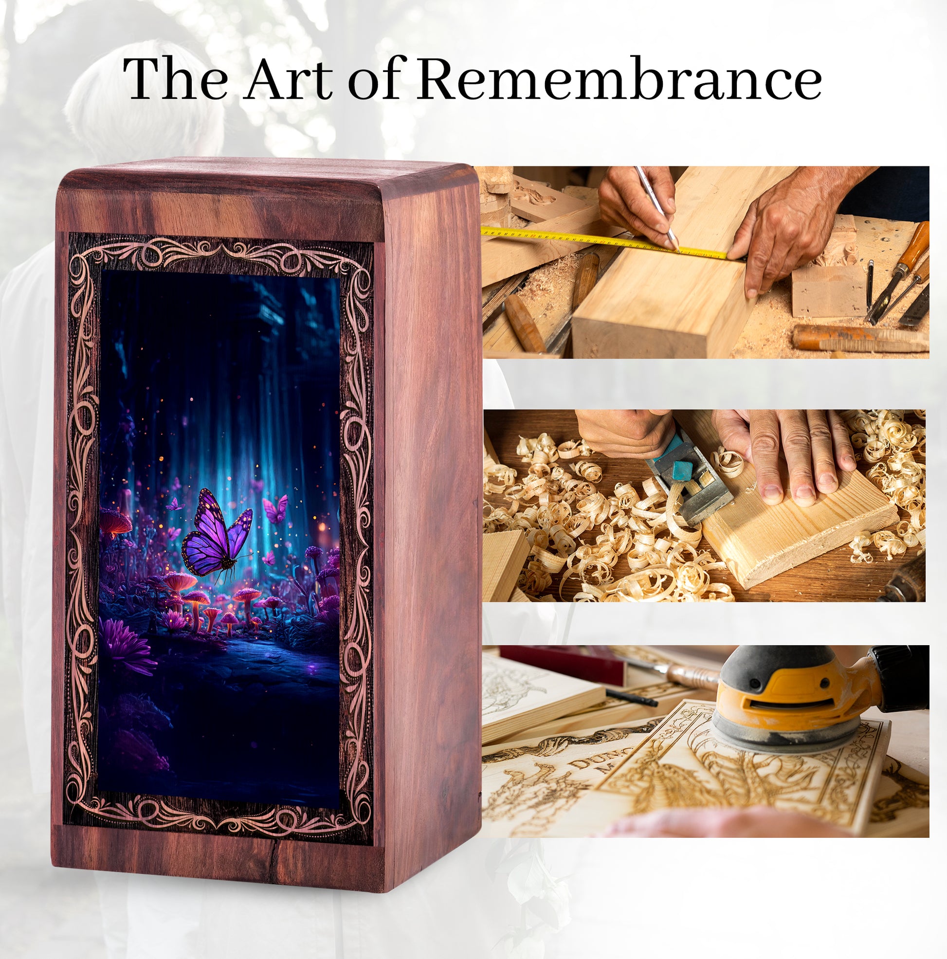 Magical Forest Butterfly Urn Box - Wooden Memorial Urn For Human Ashes