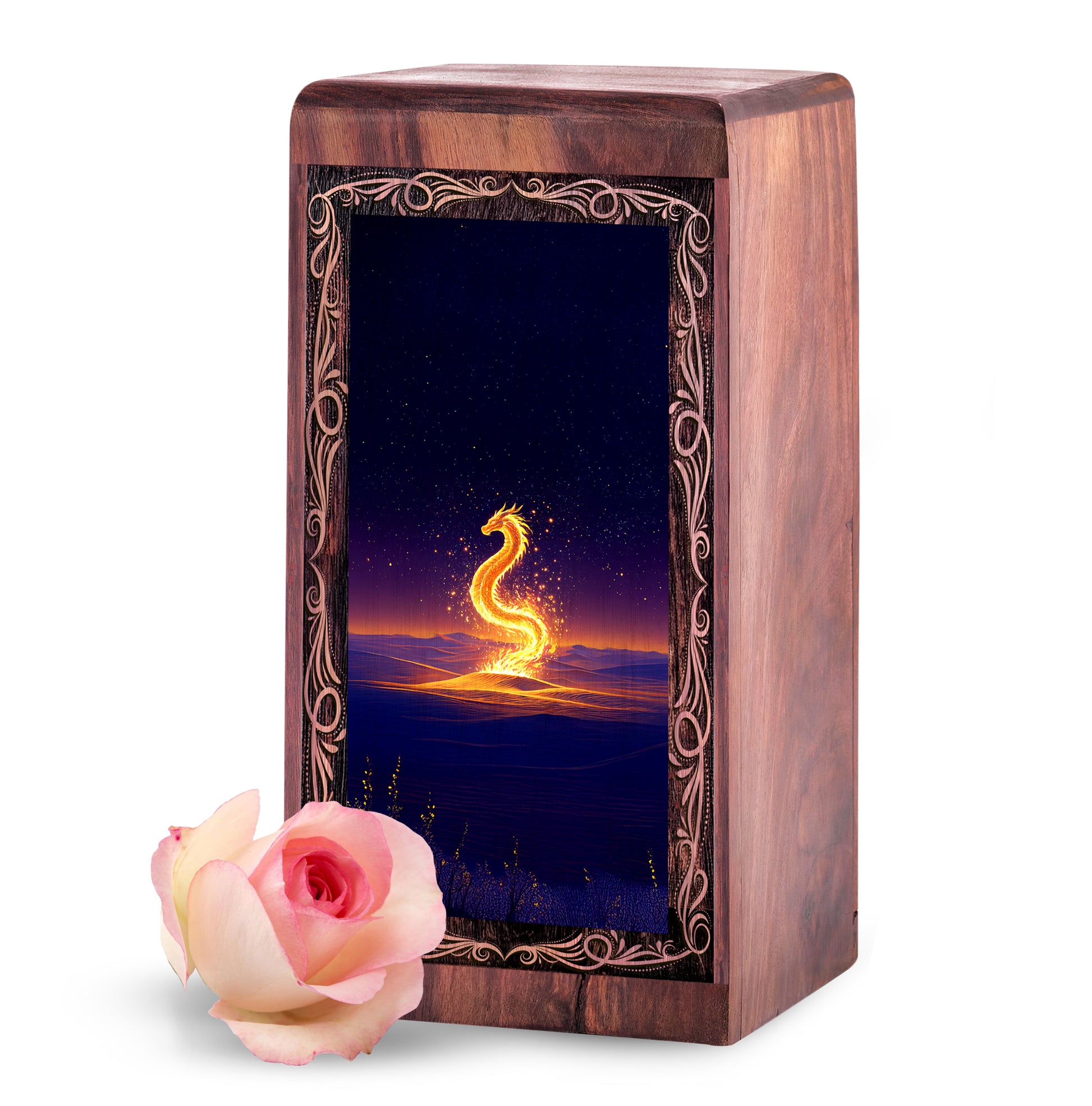 Dragon Handmade Wooden Urn Box - Golden Desert Theme Memorial Urn For Ashes