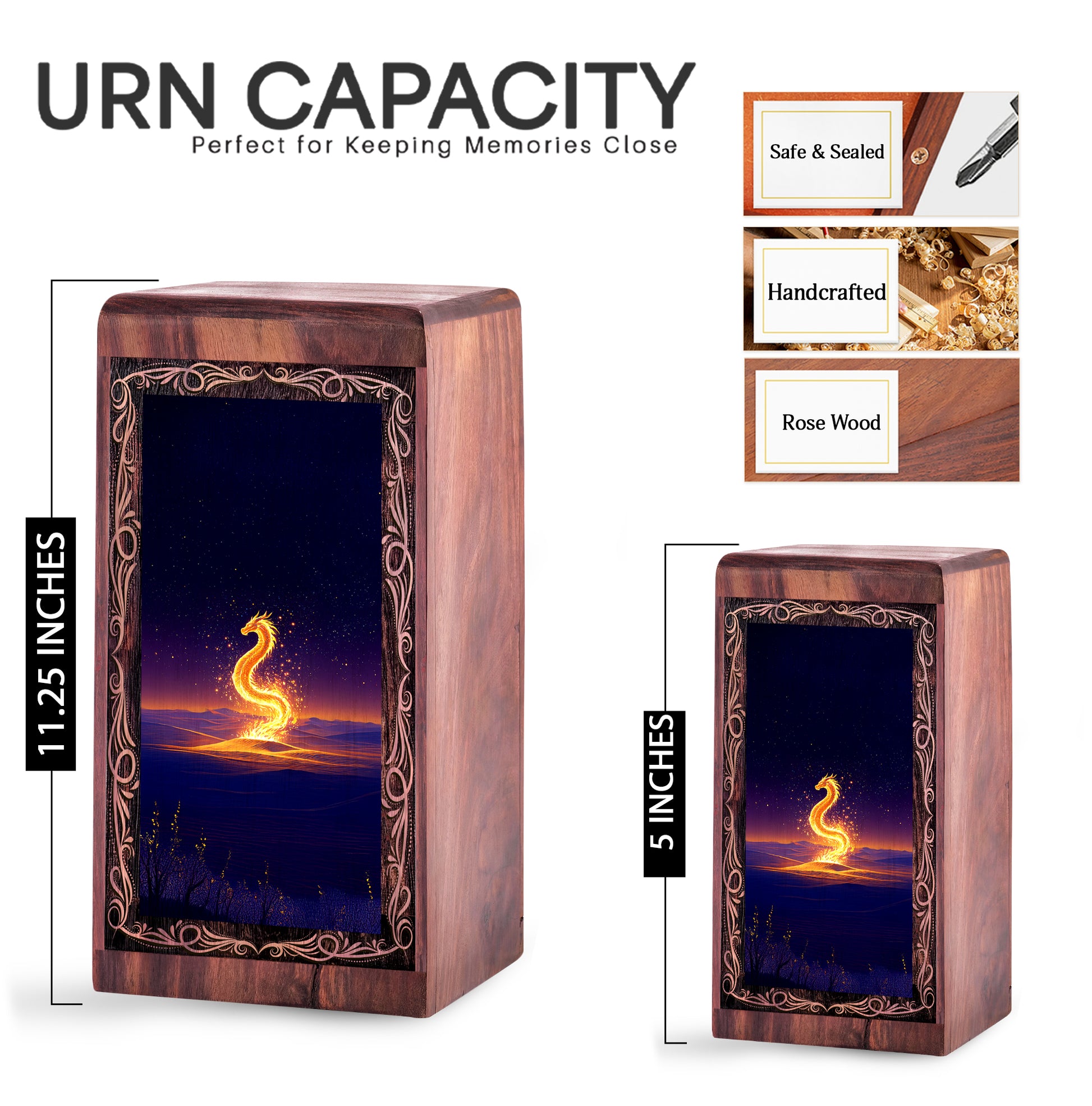 Dragon Handmade Wooden Urn Box - Golden Desert Theme Memorial Urn For Ashes