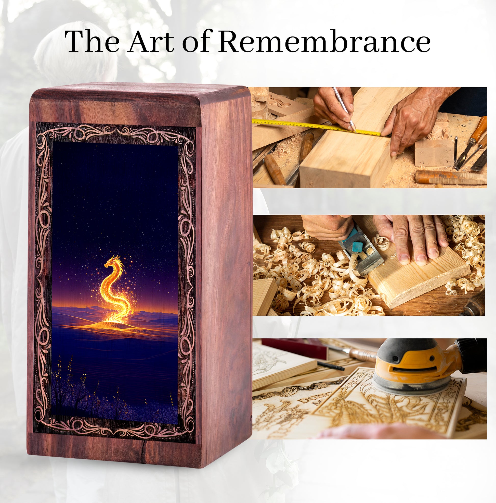Dragon Handmade Wooden Urn Box - Golden Desert Theme Memorial Urn For Ashes