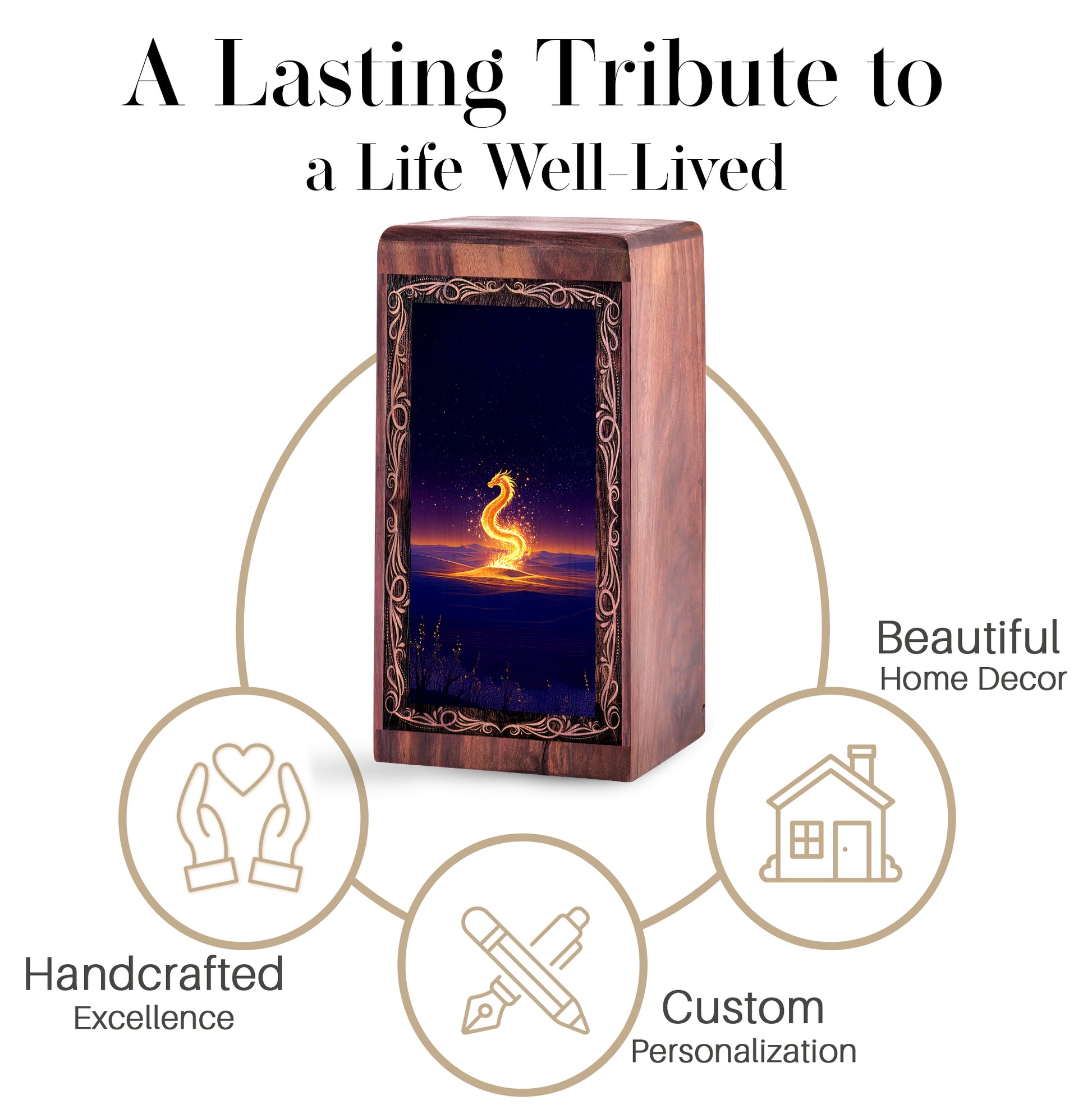 Dragon Handmade Wooden Urn Box - Golden Desert Theme Memorial Urn For Ashes
