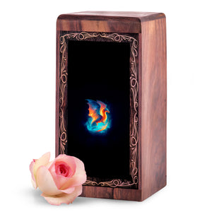 Magical Fire Dragon Funeral Wooden Box - Glowing Theme Cremation Urn For Male