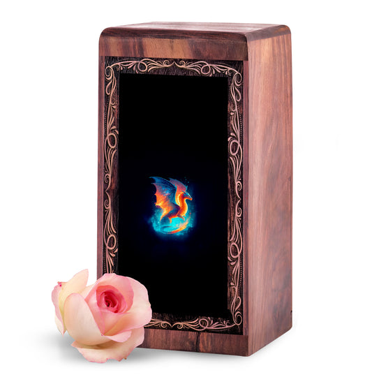 Magical Fire Dragon Funeral Wooden Box - Glowing Theme Cremation Urn For Male