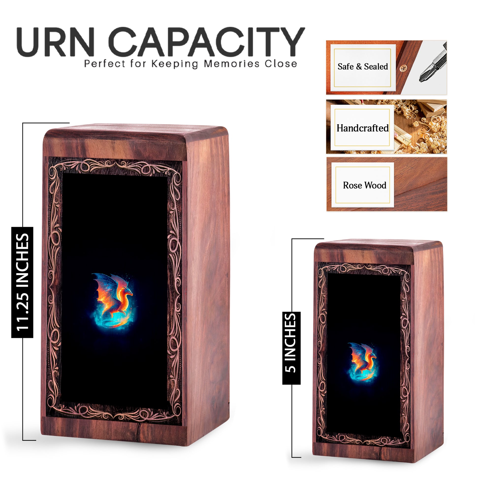 Magical Fire Dragon Funeral Wooden Box - Glowing Theme Cremation Urn For Male