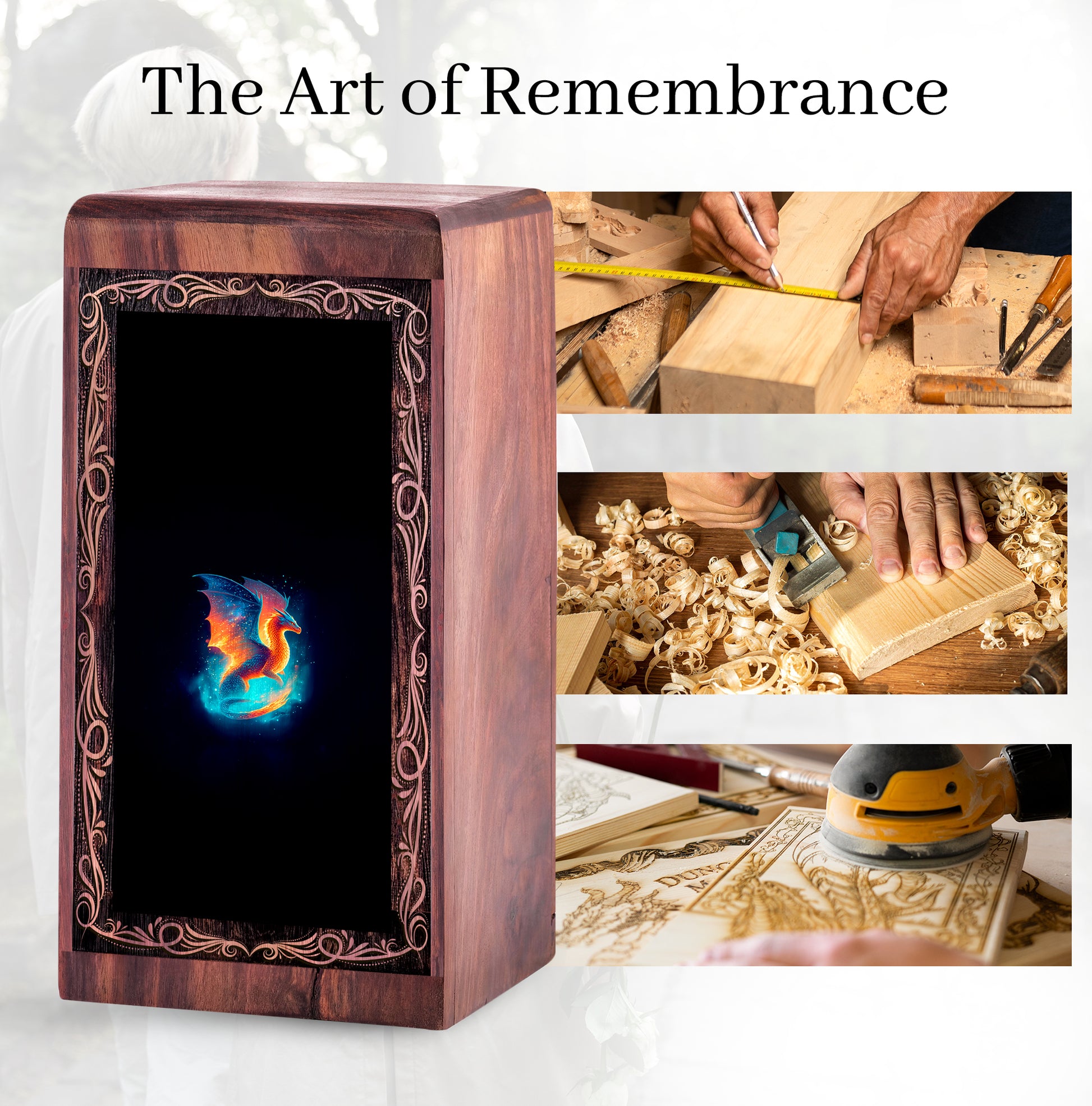 Magical Fire Dragon Funeral Wooden Box - Glowing Theme Cremation Urn For Male