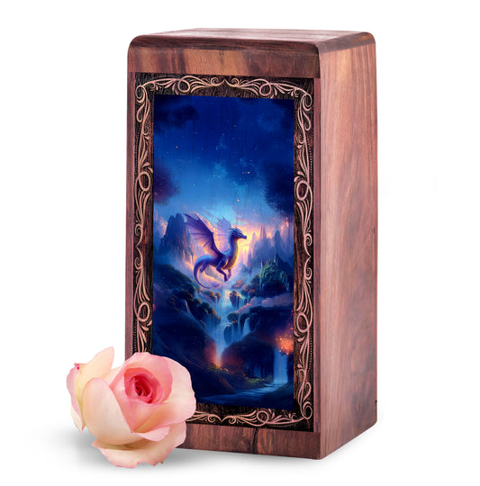 Peaceful Valley Dragon Creamtion Urn - Wooden Memorial Urn For Burial