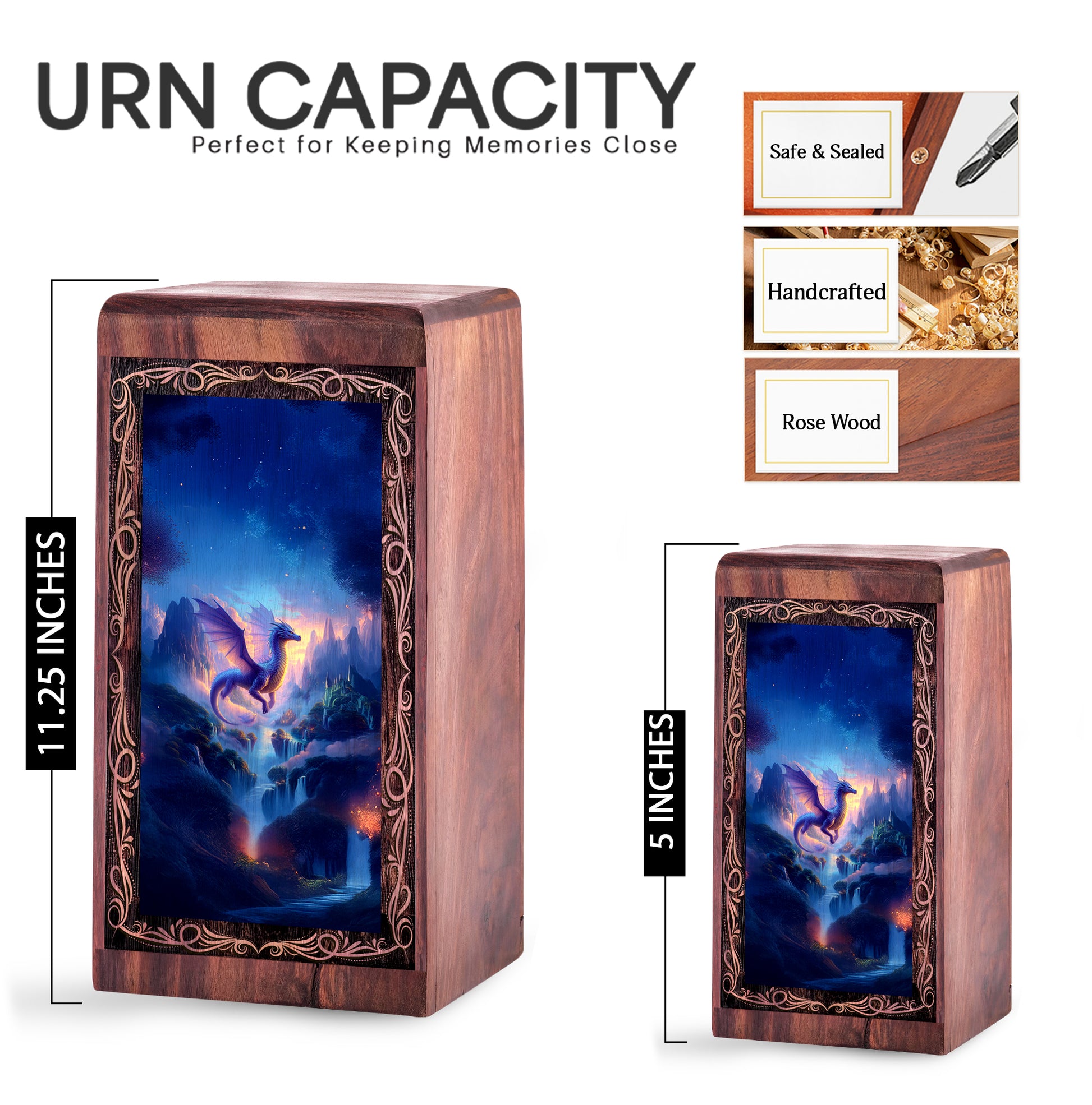 Peaceful Valley Dragon Creamtion Urn - Wooden Memorial Urn For Burial
