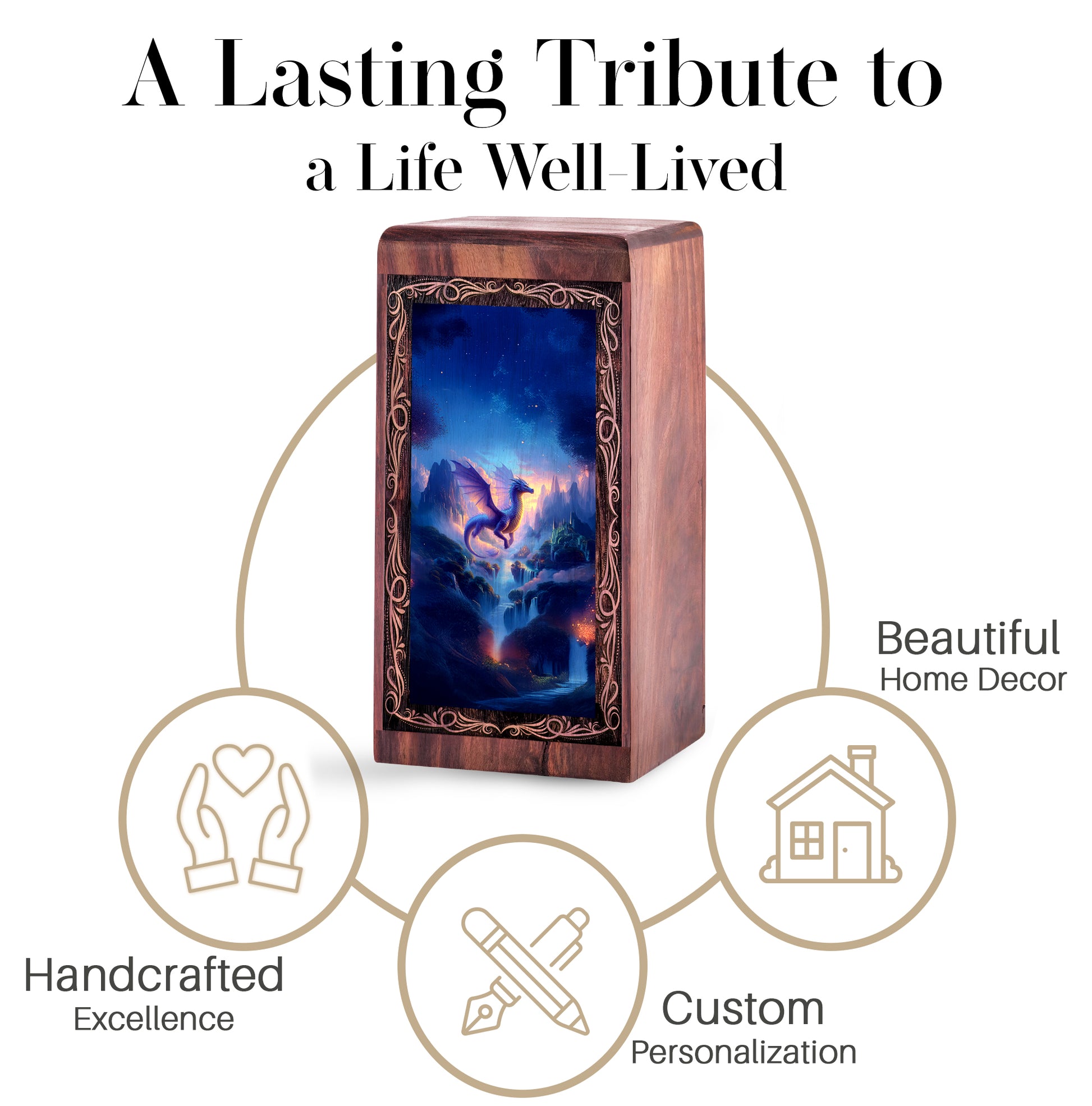Peaceful Valley Dragon Creamtion Urn - Wooden Memorial Urn For Burial