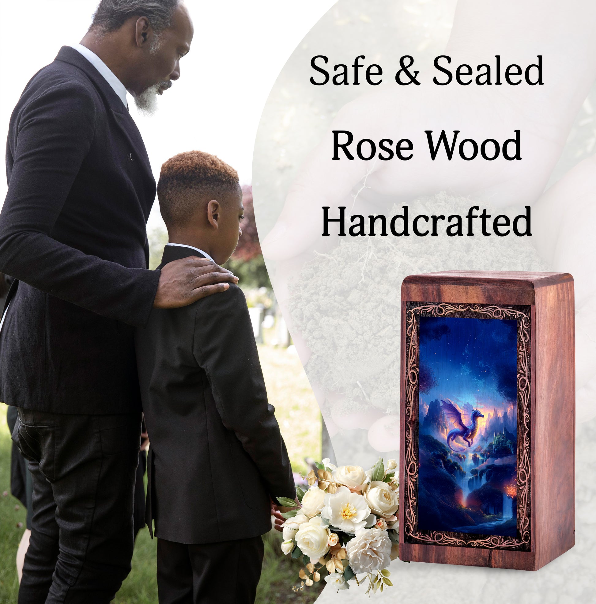 Peaceful Valley Dragon Creamtion Urn - Wooden Memorial Urn For Burial