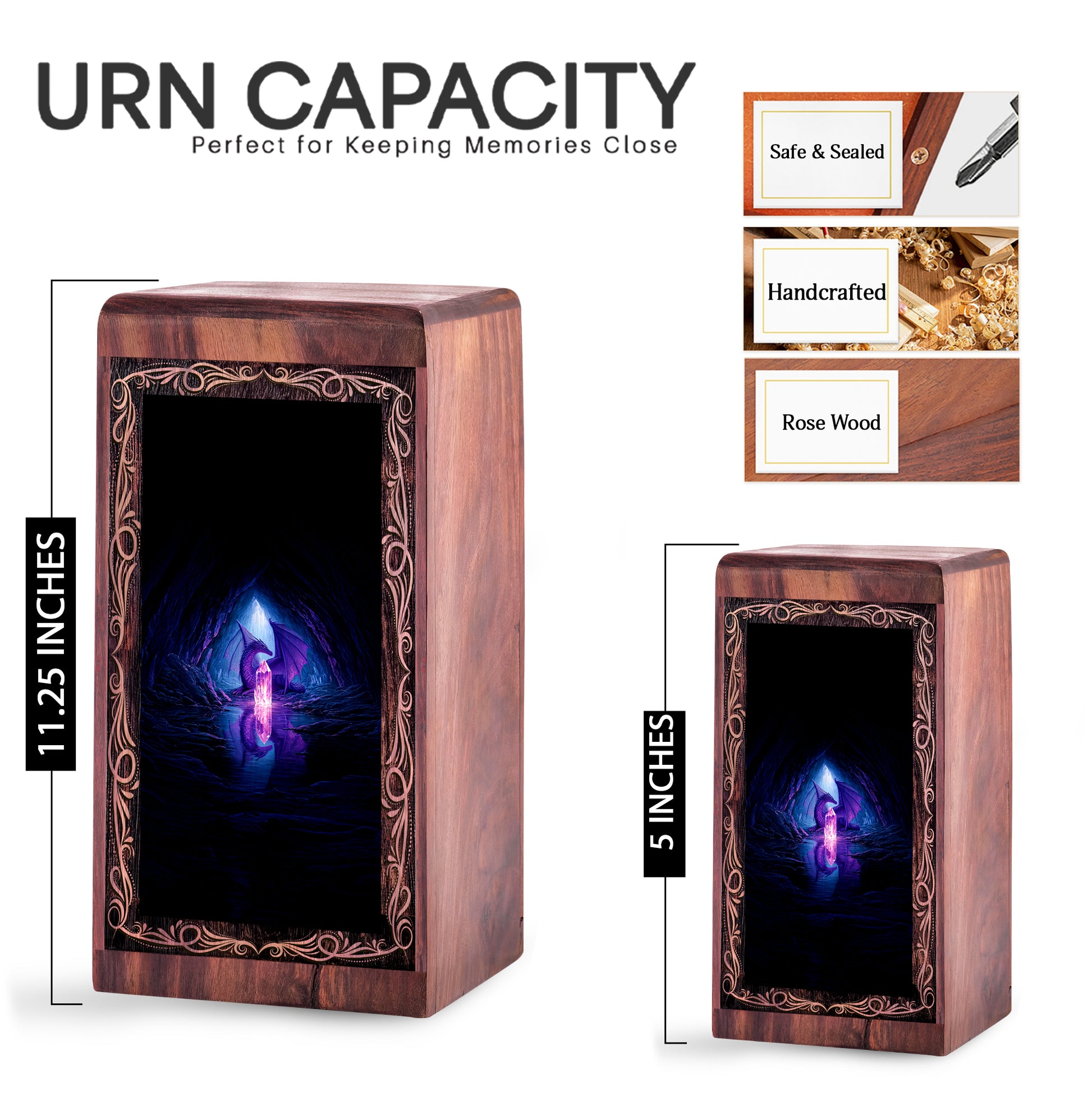 Crystal Cave Dragon Theme Urn Box - Wooden Cremation Urn For Human Ashes Adult
