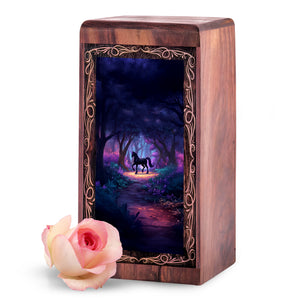 Rosewood Unicorn Urn Box for Ashes - Decorative Black Mysterious Unicorn Theme Urn