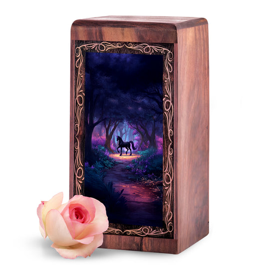 Rosewood Unicorn Urn Box for Ashes - Decorative Black Mysterious Unicorn Theme Urn