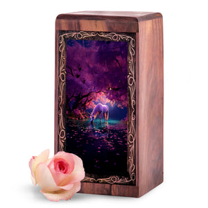 Wood Cremation Urn for Burial - Unique White Unicorn Fantasy Wooden Box