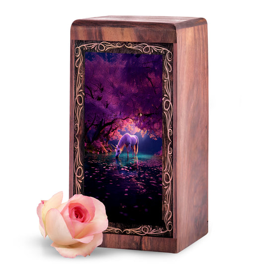 Wood Cremation Urn for Burial - Unique White Unicorn Fantasy Wooden Box