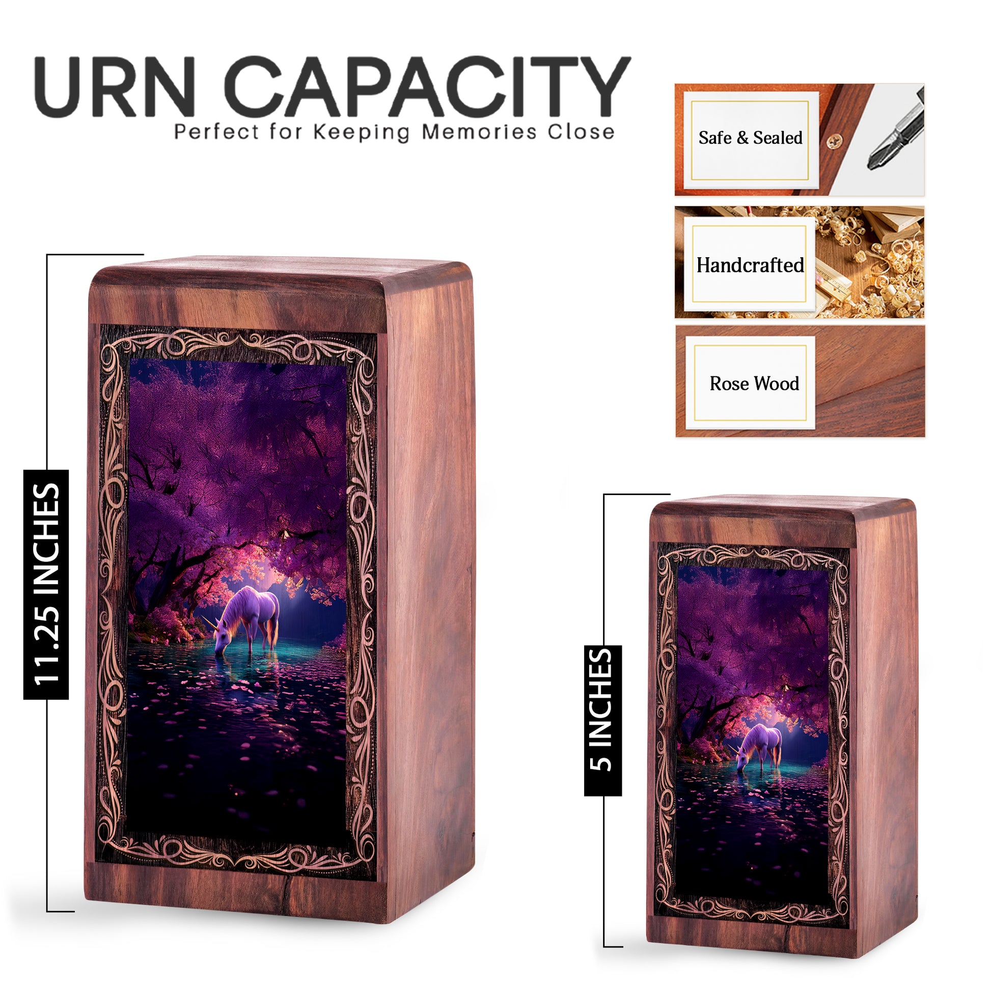Wood Cremation Urn for Burial - Unique White Unicorn Fantasy Wooden Box