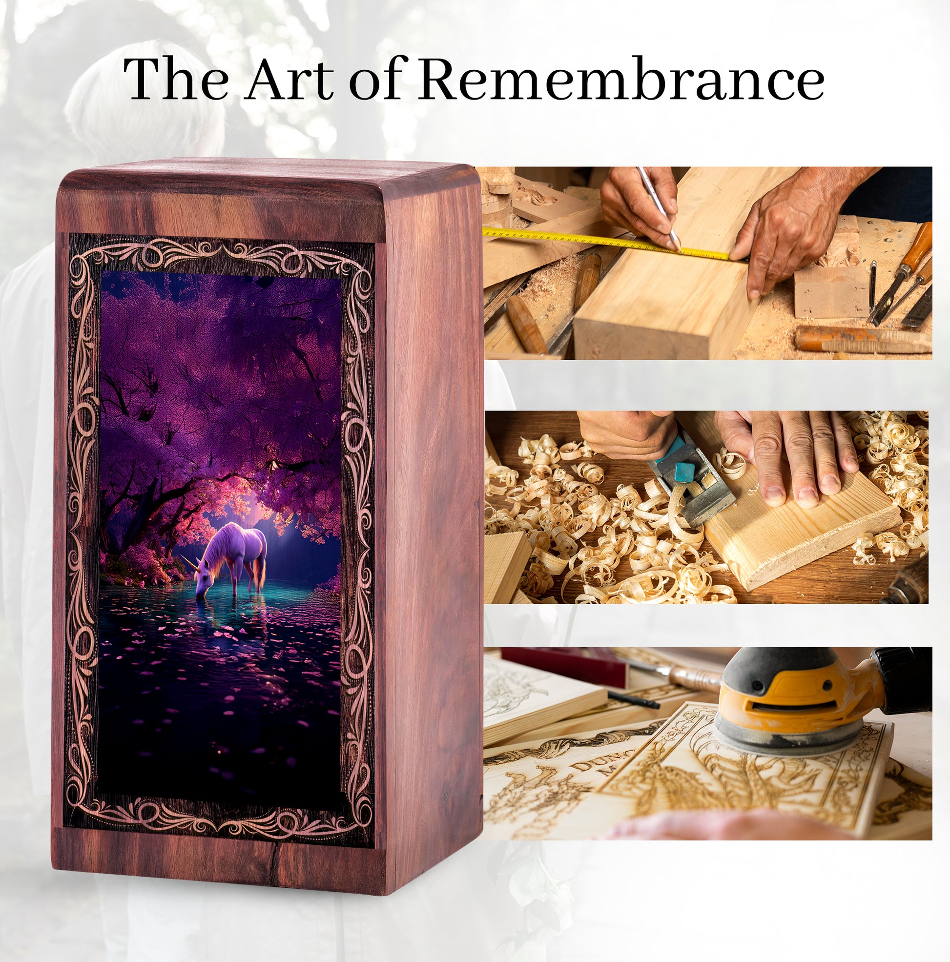 Wood Cremation Urn for Burial - Unique White Unicorn Fantasy Wooden Box