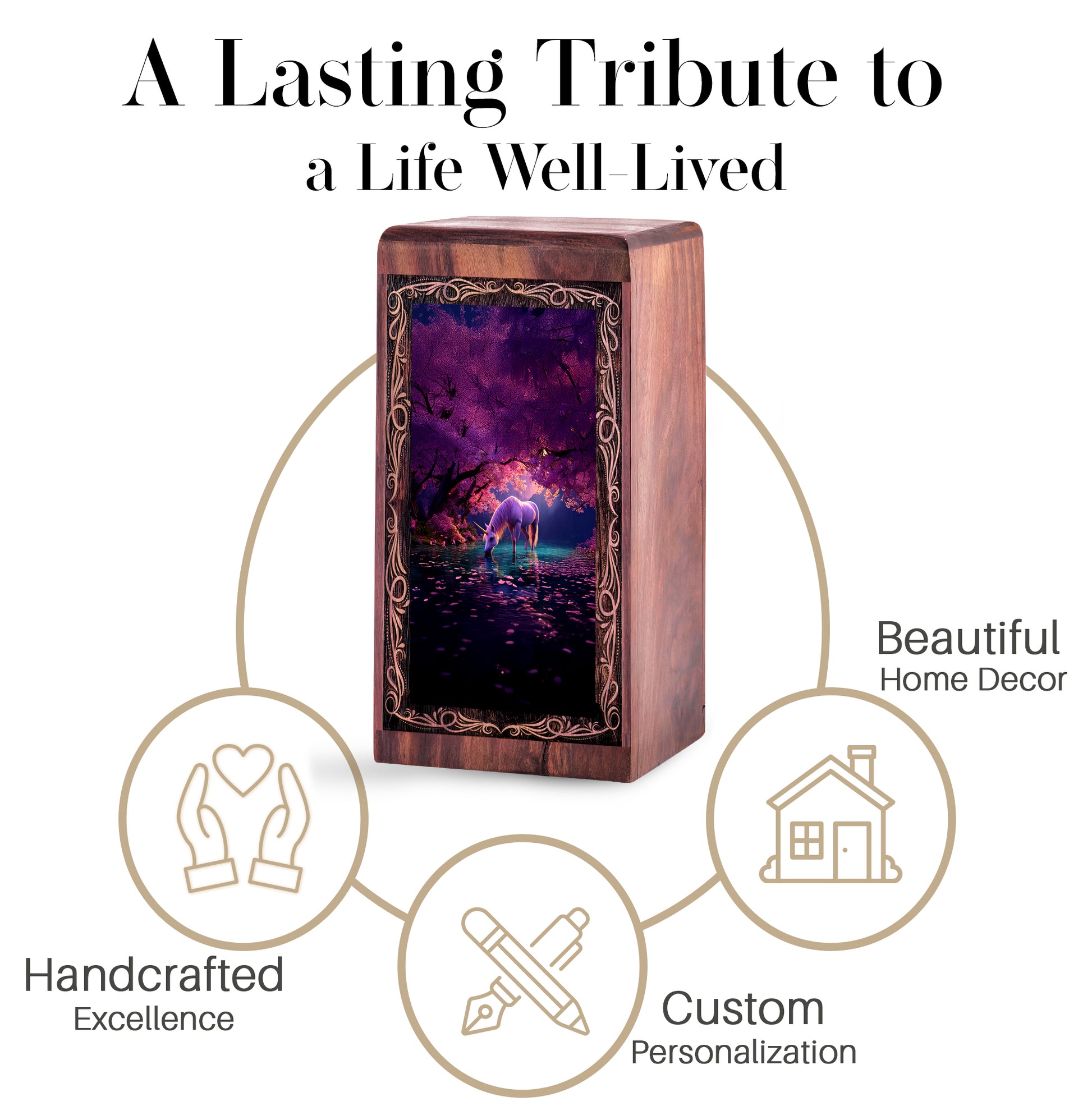 Wood Cremation Urn for Burial - Unique White Unicorn Fantasy Wooden Box