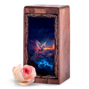 Magical Flying Unicorn Wood Urn Box - Wood Cremation Urn For Burial