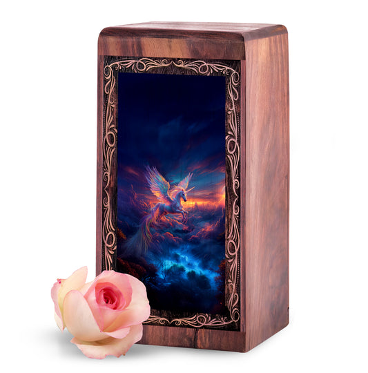 Magical Flying Unicorn Wood Urn Box - Wood Cremation Urn For Burial