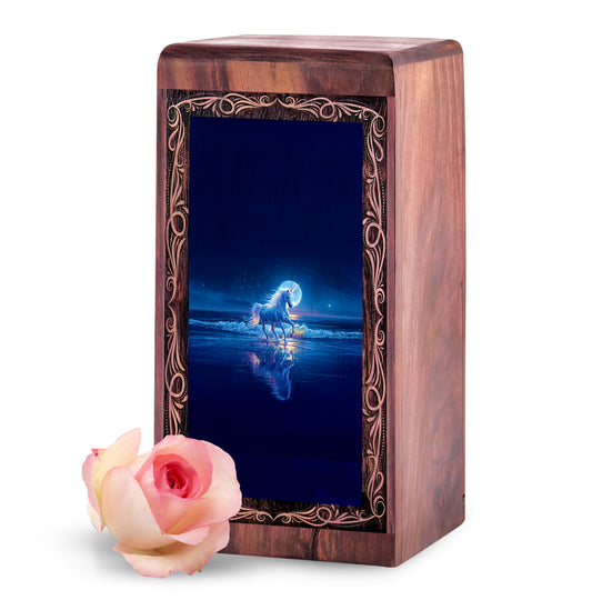 Midnight Sea Unicorn Urn - Large Wooden Urn For Human Ashes Adult Man