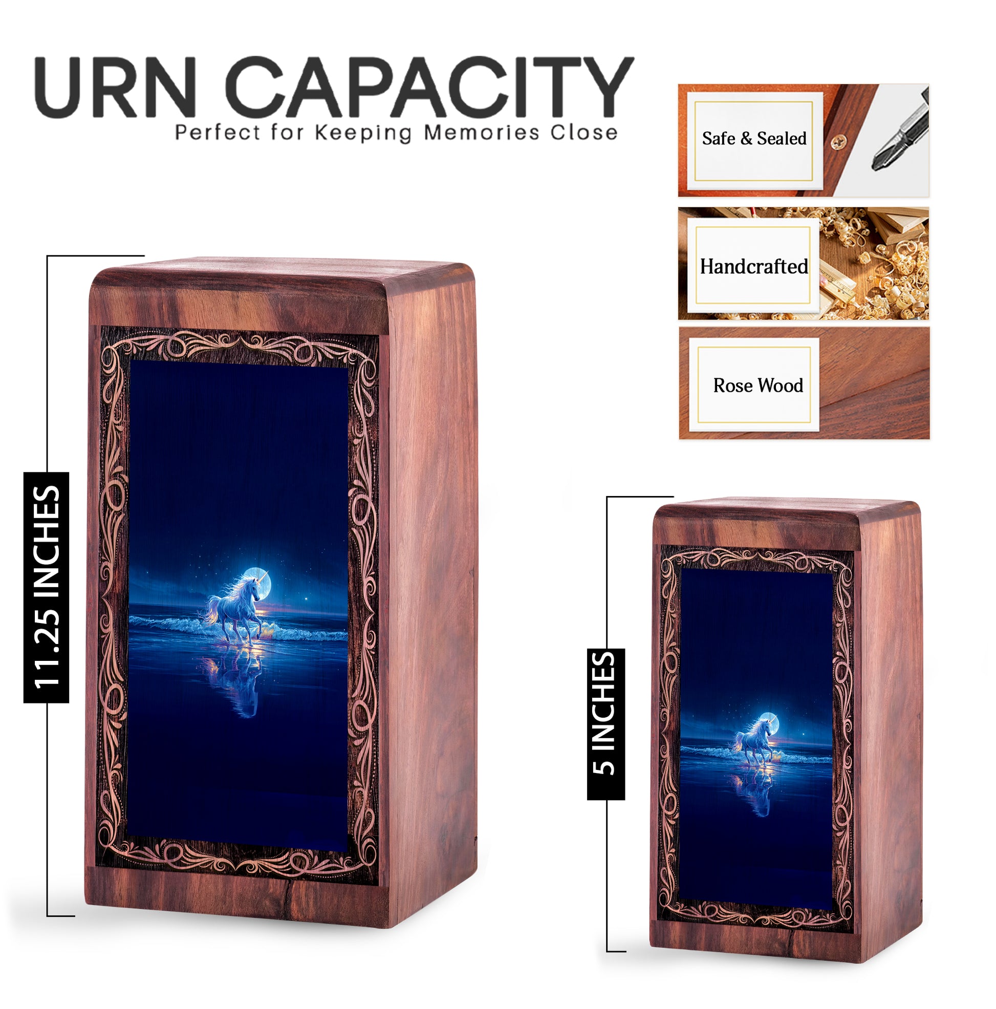 Midnight Sea Unicorn Urn - Large Wooden Urn For Human Ashes Adult Man