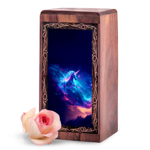 Unicorn Wood Cremation Urn For Burial - Blue Galaxy Fantasy Wooden Box For Men