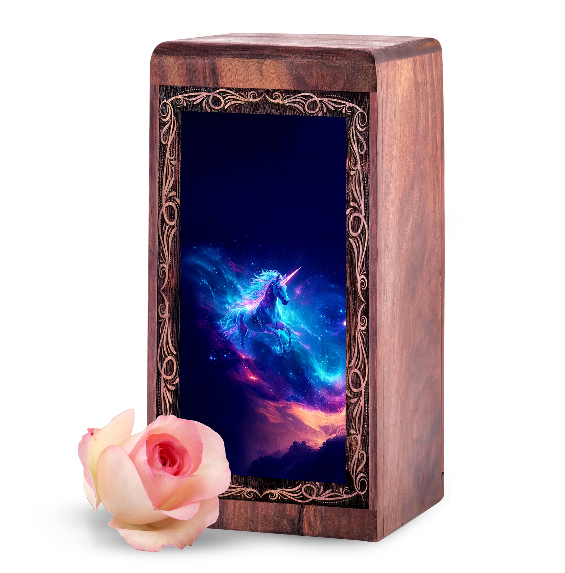 Unicorn Wood Cremation Urn For Burial - Blue Galaxy Fantasy Wooden Box For Men