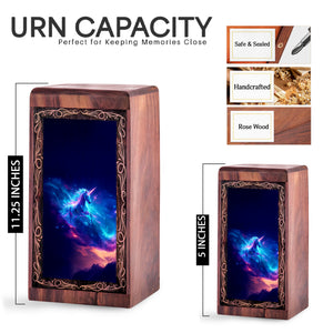 Unicorn Wood Cremation Urn For Burial - Blue Galaxy Fantasy Wooden Box For Men