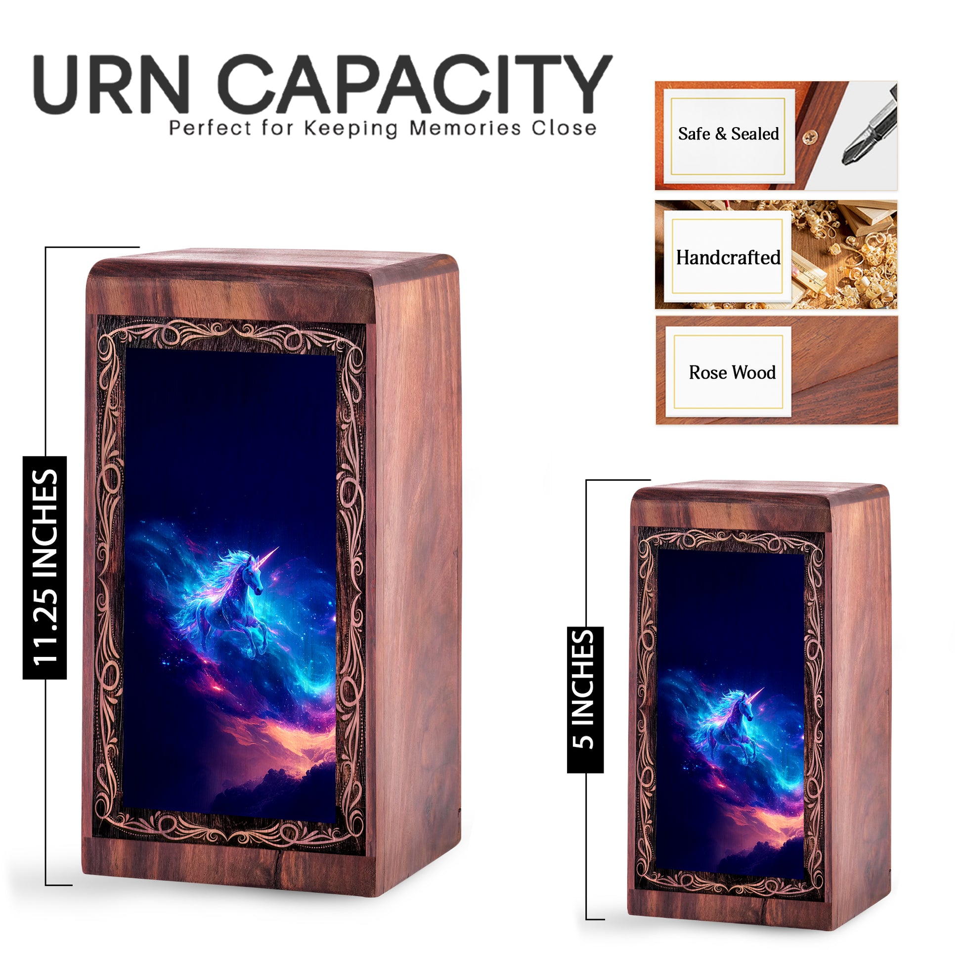 Unicorn Wood Cremation Urn For Burial - Blue Galaxy Fantasy Wooden Box For Men