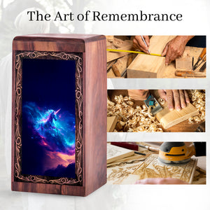 Unicorn Wood Cremation Urn For Burial - Blue Galaxy Fantasy Wooden Box For Men