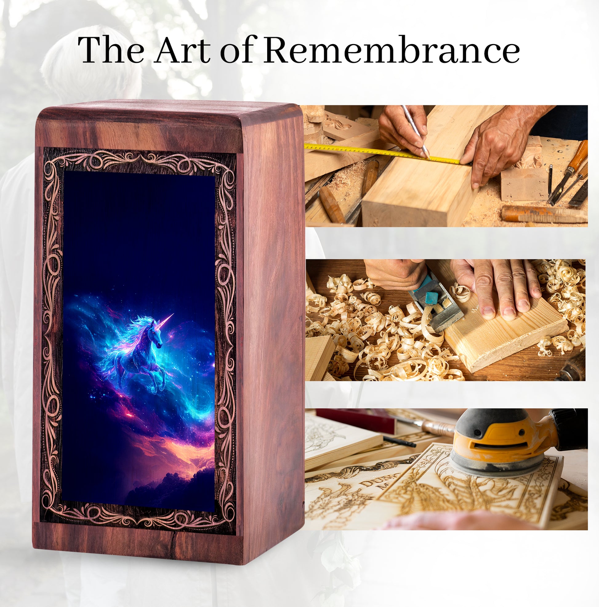 Unicorn Wood Cremation Urn For Burial - Blue Galaxy Fantasy Wooden Box For Men
