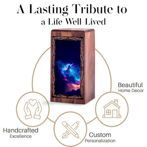 Unicorn Wood Cremation Urn For Burial - Blue Galaxy Fantasy Wooden Box For Men